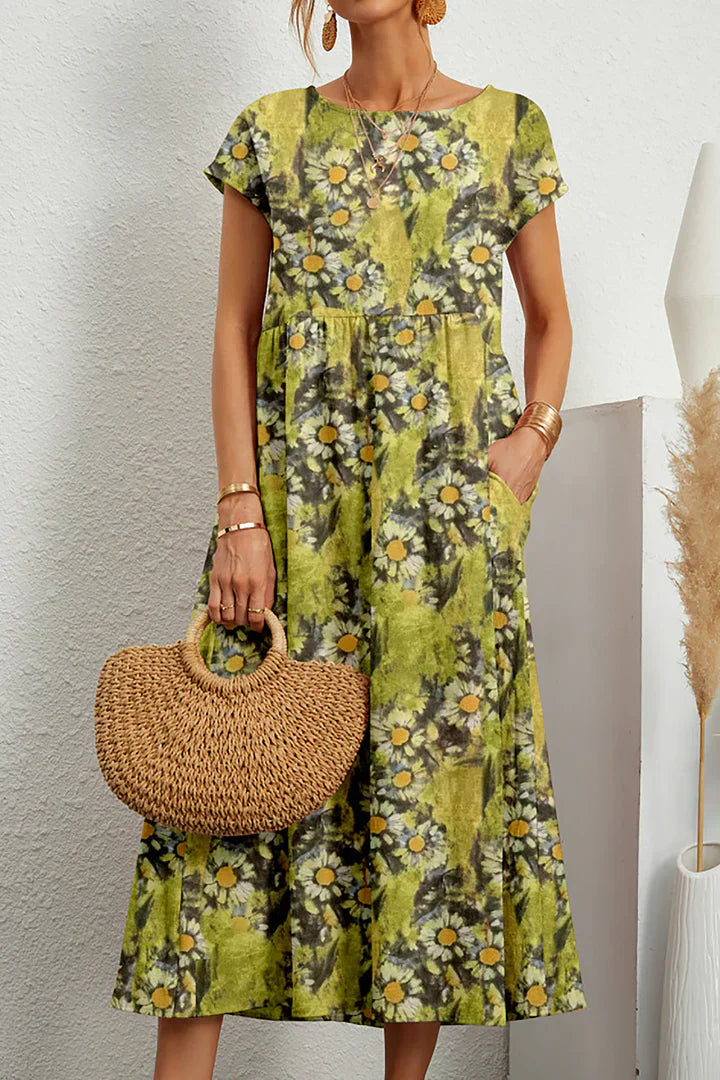 Women's Midi Dress - Floral Print - Short Sleeve - Loose Fit - Lightweight Fabric