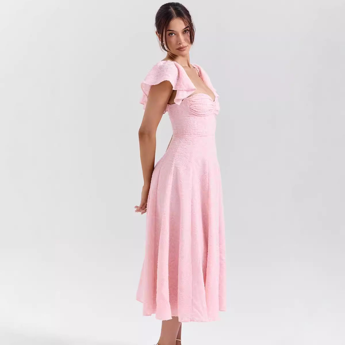Women’s Midi Dress – Off-Shoulder Flared Fit – Jacquard Fabric – Sweetheart Neckline