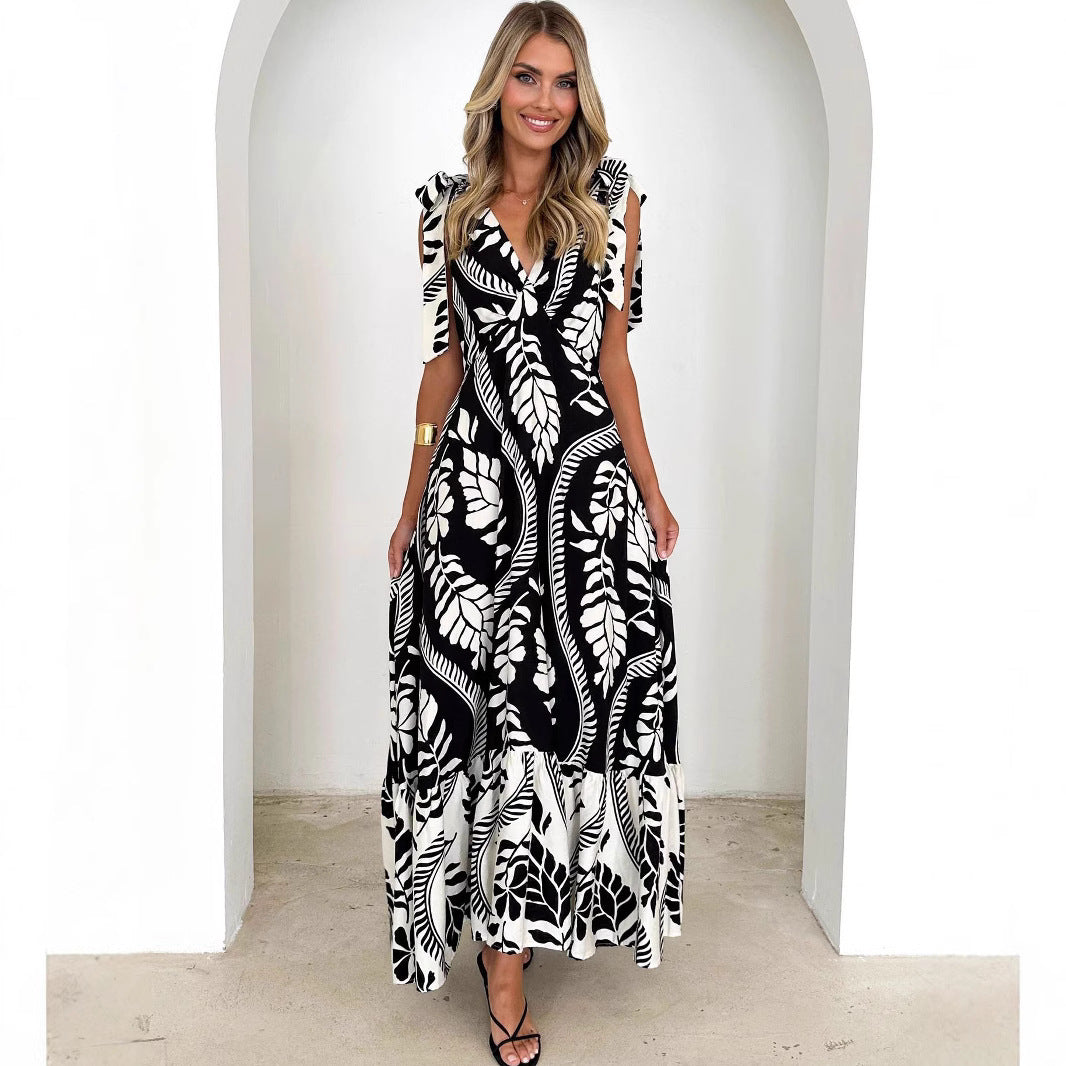 Women’s Maxi Dress – V-Neck – Tie Straps – Printed – Tiered Ruffle Skirt – Relaxed Fit