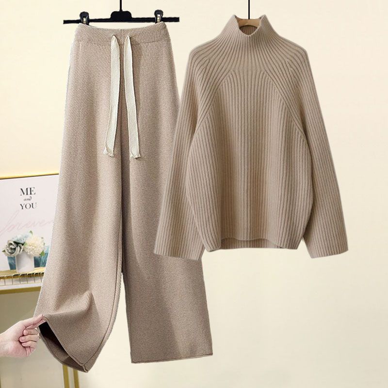Women’s Knit Lounge Set – Ribbed High-Neck Sweater – Wide-Leg Drawstring Pants