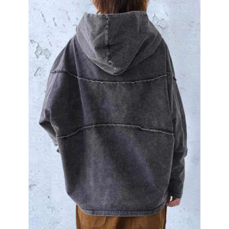 Women’s Pullover Hoodie – Oversized Fit – Draped Cowl Neck – Distressed Cotton Blend