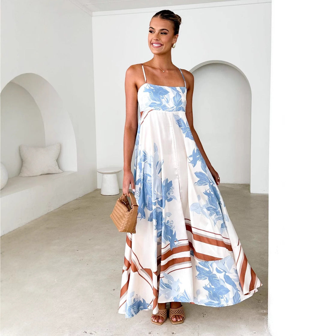 Women’s Maxi Dress – A-Line Fit – Backless – Spaghetti Strap – Floral Print – Lightweight