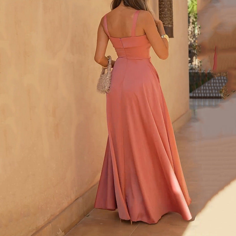 Women’s Maxi Dress – Slim Fit Bodice – Flowy Skirt – Spaghetti Straps – Side Slit