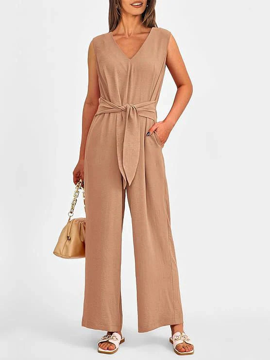 Women’s Jumpsuit – V-Neck – Sleeveless – Waist Tie – Wide Leg – Flowy Fit