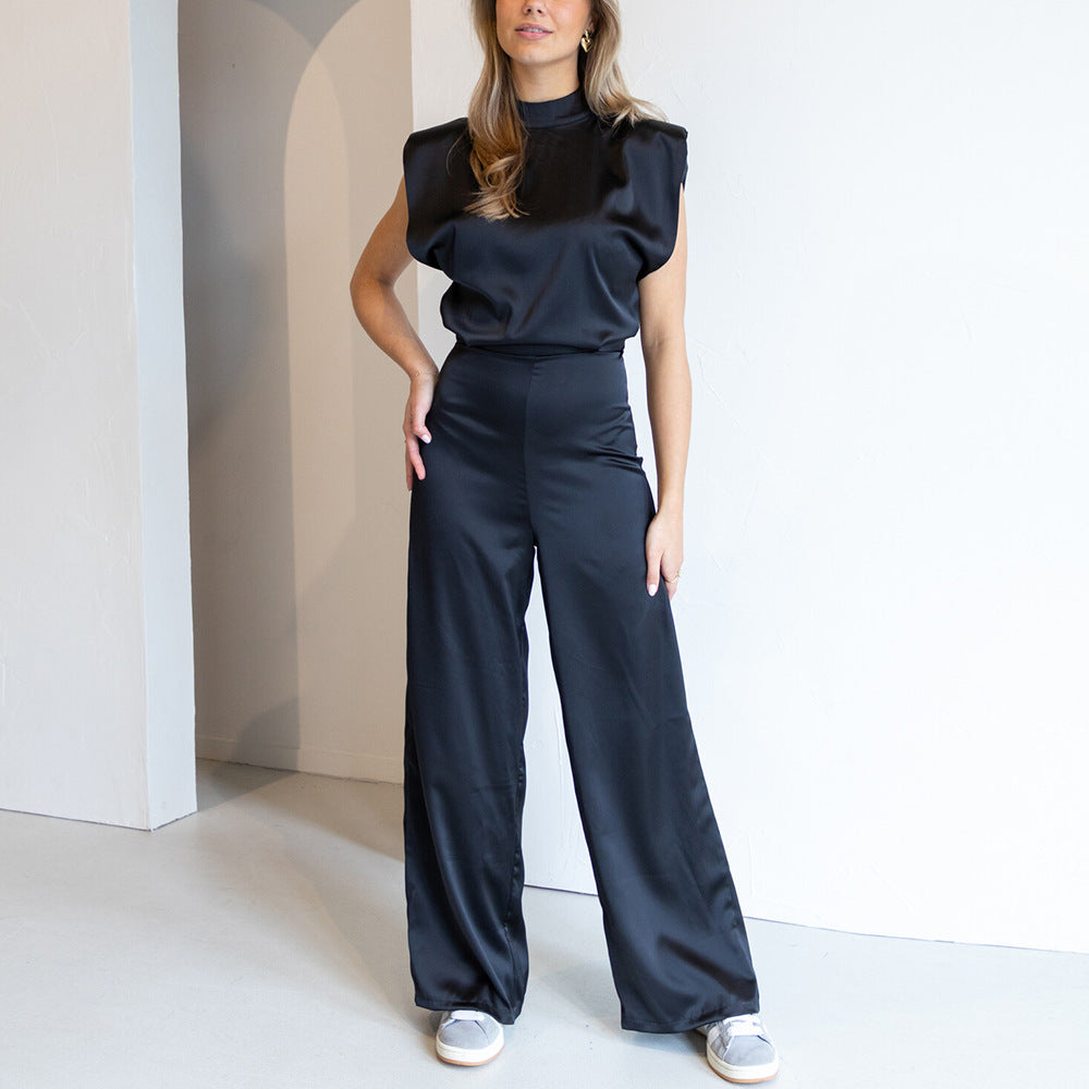 Women’s Jumpsuit – Satin Finish – Sleeveless – Open Back – Wide Leg – Relaxed Fit