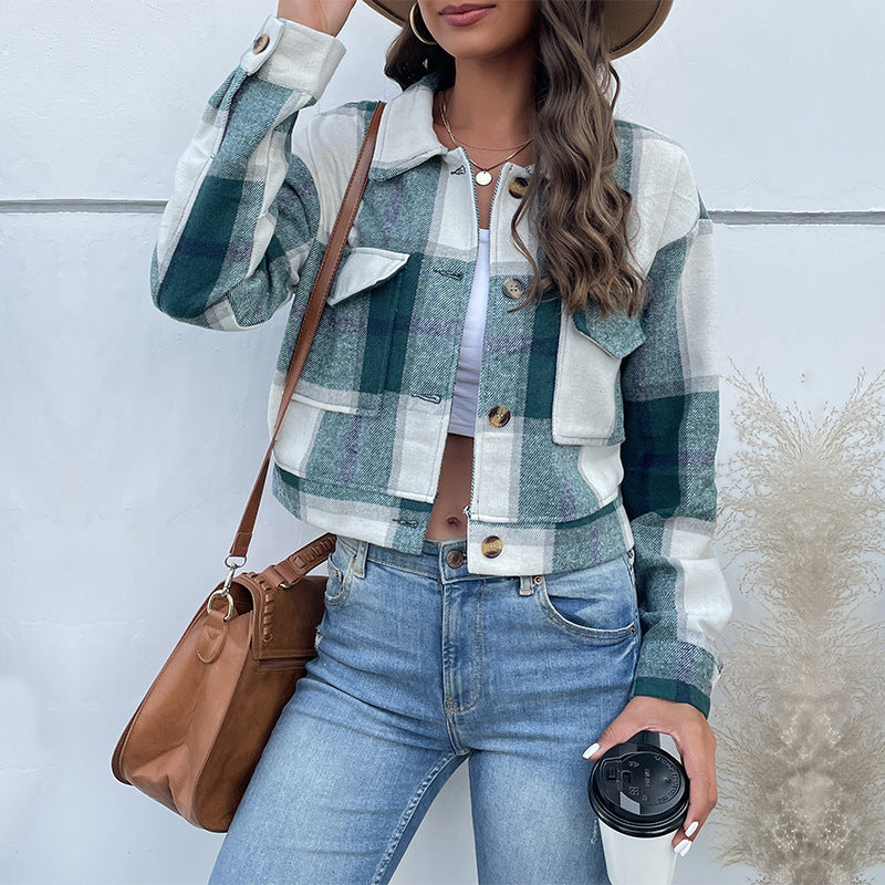 Women's single-breasted plaid lapel jacket