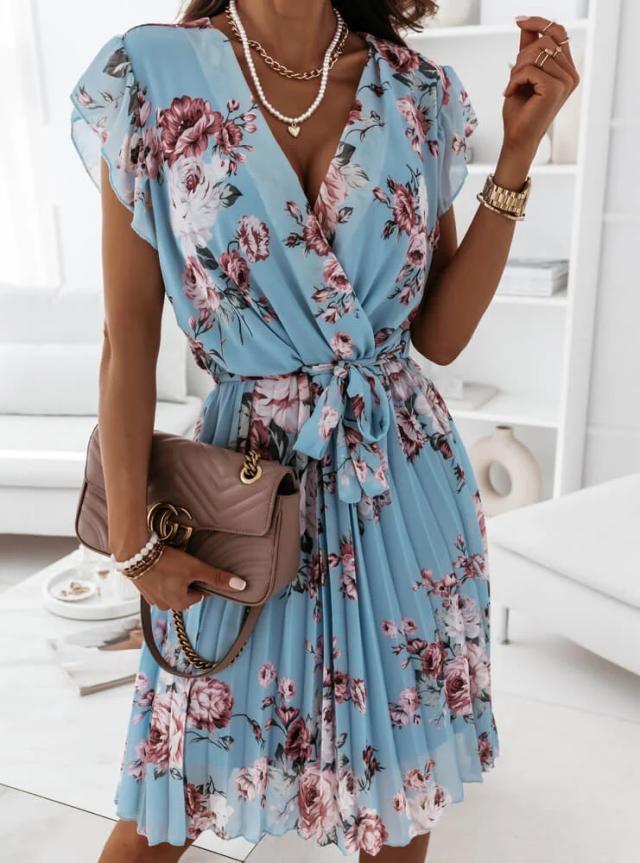 Women's Floral Wrap Dress - Ruffle Sleeve - Plunging Neckline - Pleated Skirt