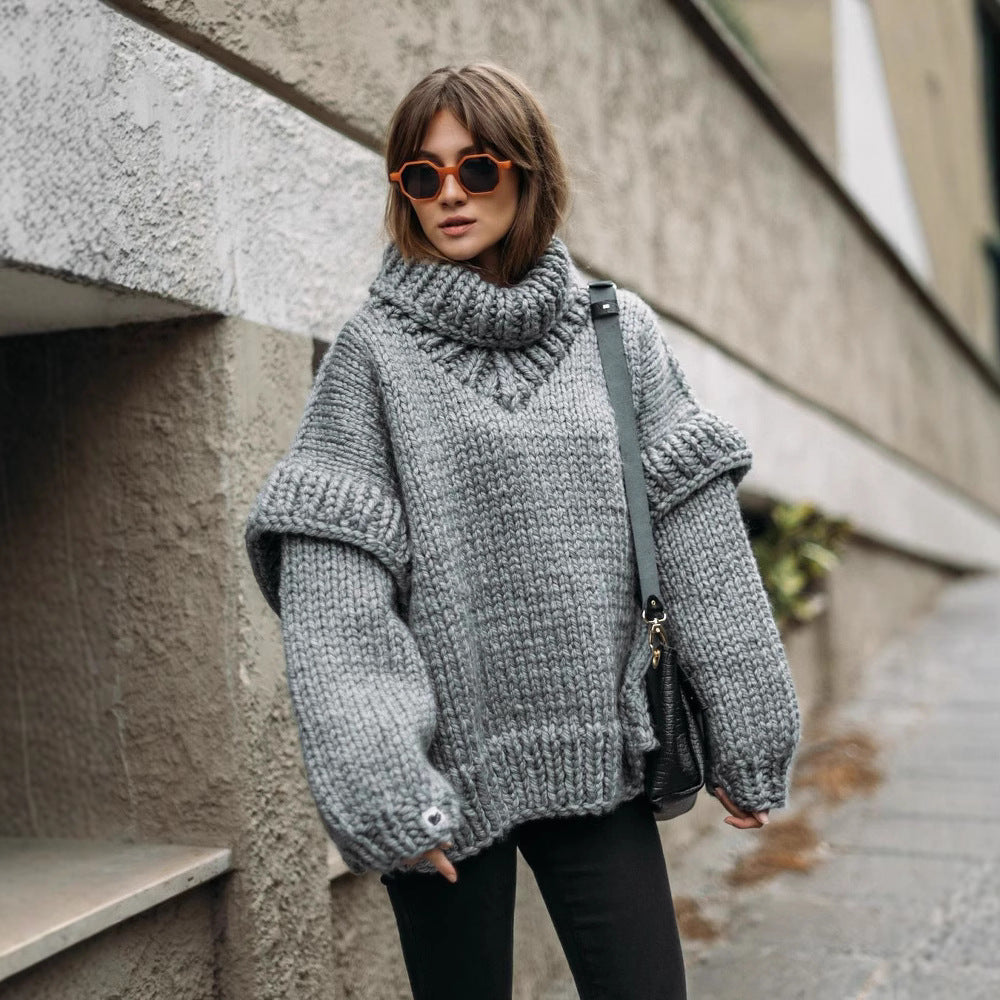 Women’s Pullover Sweatshirt – Chunky Knit – Oversized Fit – Turtleneck – Drop Shoulders
