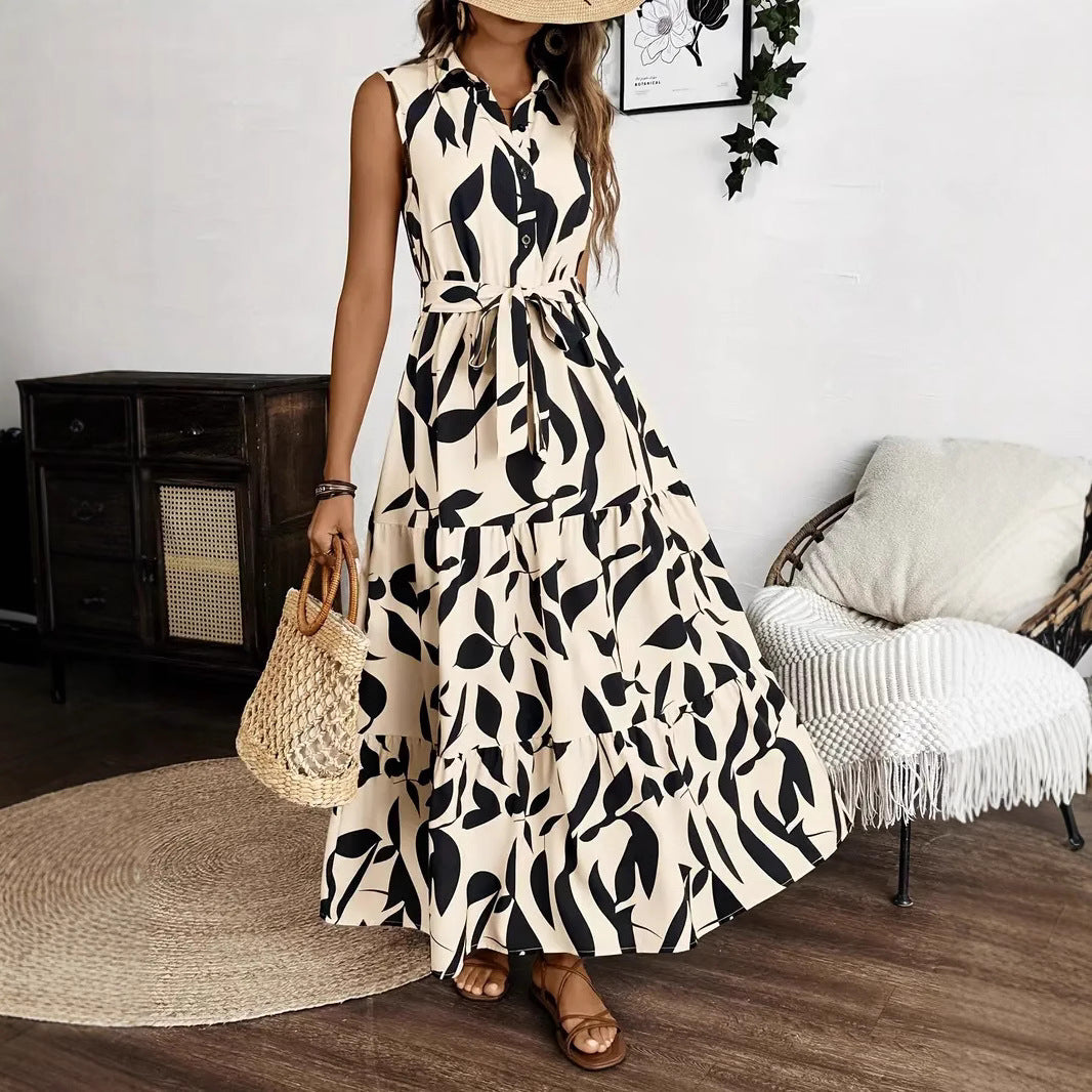 Women’s Long Dress – Fit and Flare – Sleeveless Collared – Leaf Print – Ruffle Hem