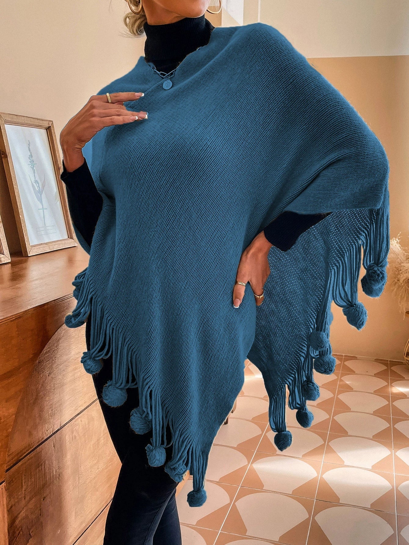 Women’s Shawl Sweater Cape – Knitted – Relaxed Fit – Tassel Fringe with Fur Pom-Poms