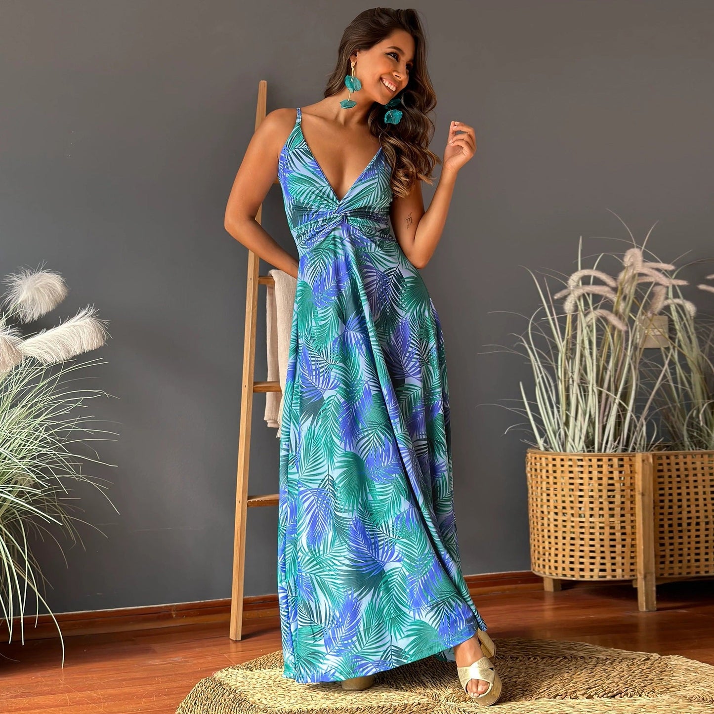 Women’s Maxi Dress – Sleeveless V-Neck – Twist Front – A-Line Relaxed Fit – Printed