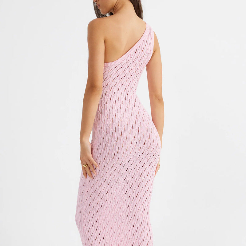 Women’s One-Shoulder Knit Dress – Fitted Silhouette – Openwork – Full Length