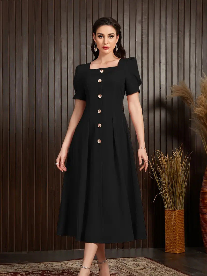 Women’s Knitted Midi Dress – Slim Fit – A-Line – Puff Sleeve – Button Front