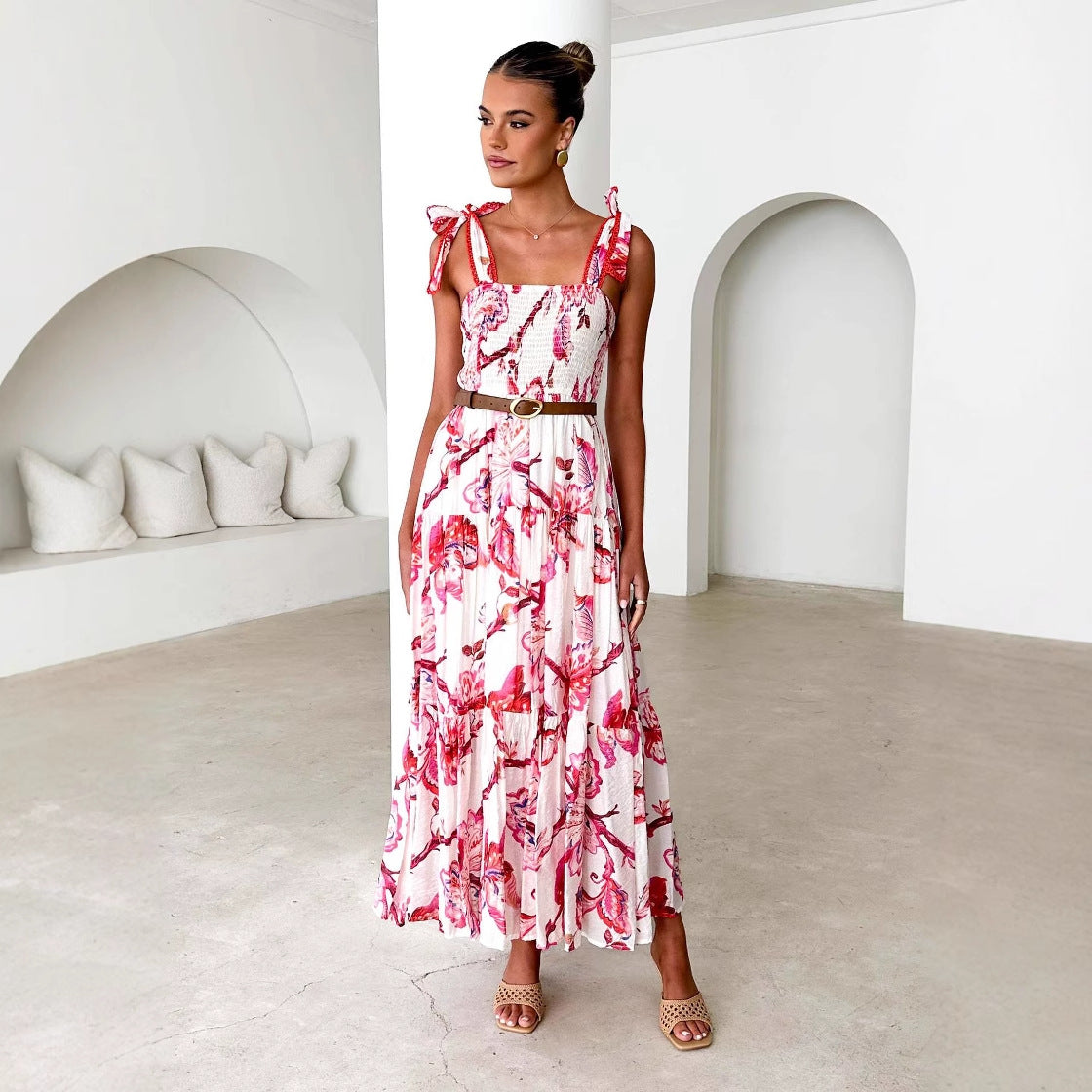 Women’s Maxi Dress – Shirred Bodice – Adjustable Straps – Tiered Flowy Skirt – Floral Print