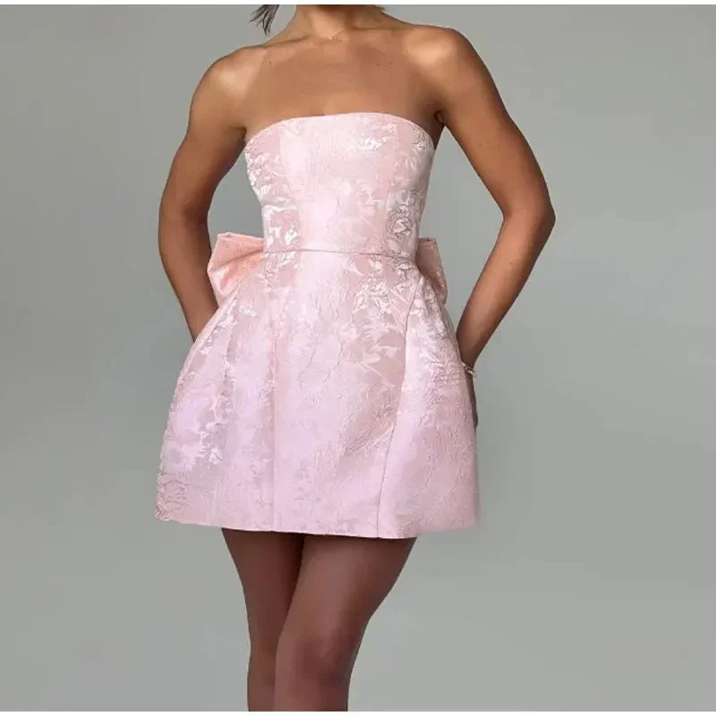 Women’s Mini Dress – Strapless Sweetheart Neck – Jacquard – Back Bow – Slim Fit