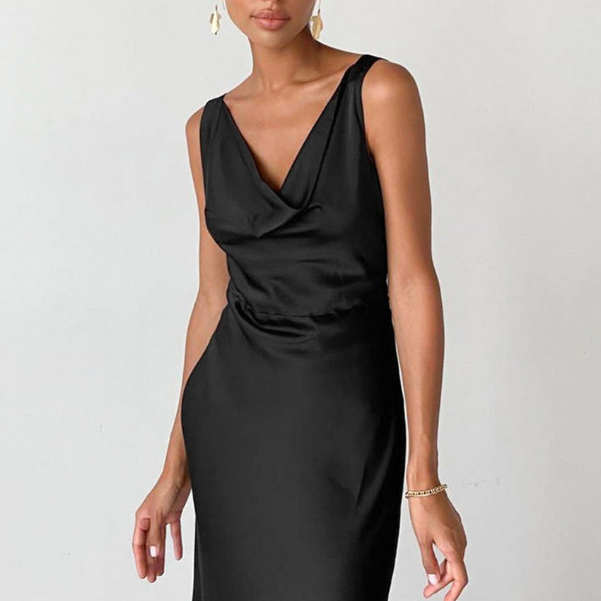 Women’s Satin Gown – Slim Fit – Draped Neckline – Spaghetti Straps – Floor-Length