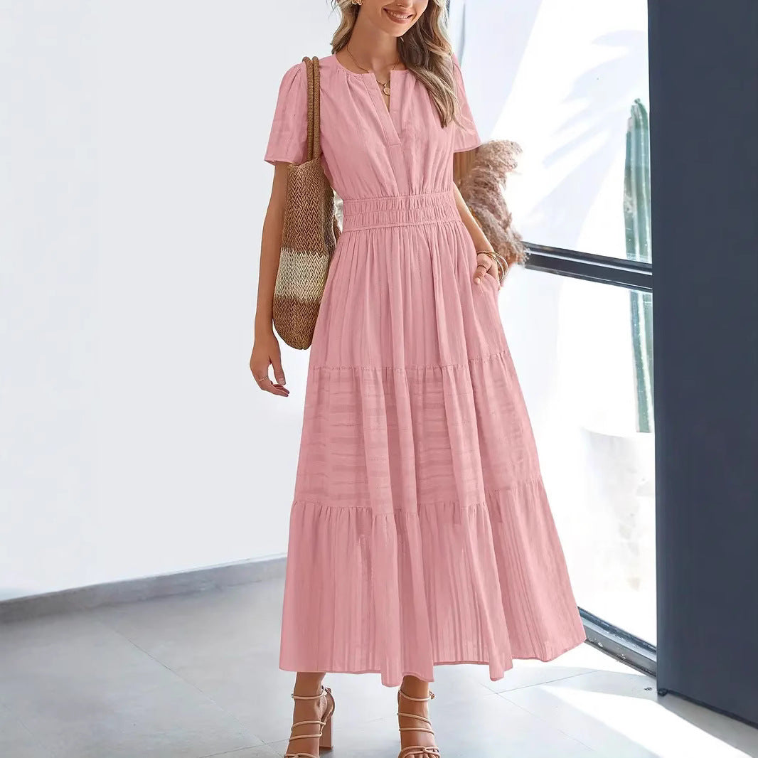 Women’s Maxi Dress – V-Neck – Puff Sleeve – Ruched Waist – Soft A-Line Fit