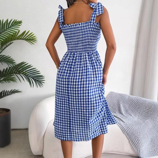 Women’s Midi Sundress – Slim Fit – Smocked Bodice – Checked – Bow Tie Straps