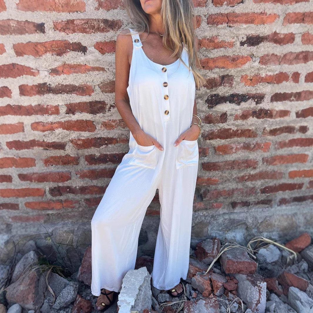 Women’s Jumpsuit – Relaxed Fit – Wide Leg – Decorative Buttons – Casual Everyday Style