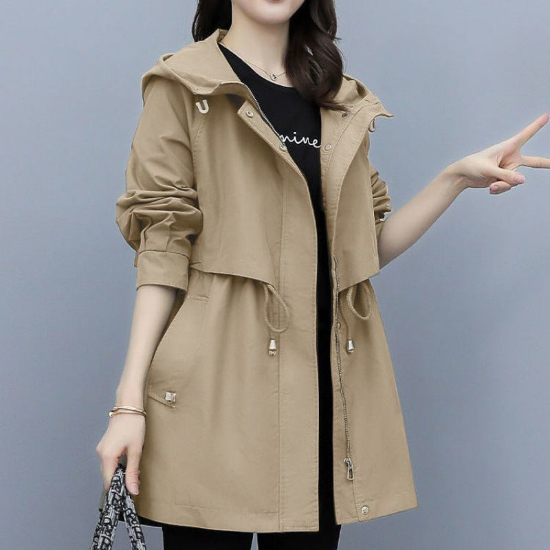 Women’s Windbreaker Jacket – Mid-Length Loose Fit – Hooded with Adjustable Waist