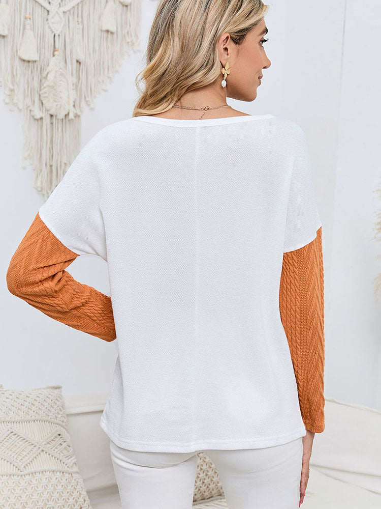 Women's Long-Sleeve Patchwork Top - Round Neck - Textured Fabric - Casual Wear