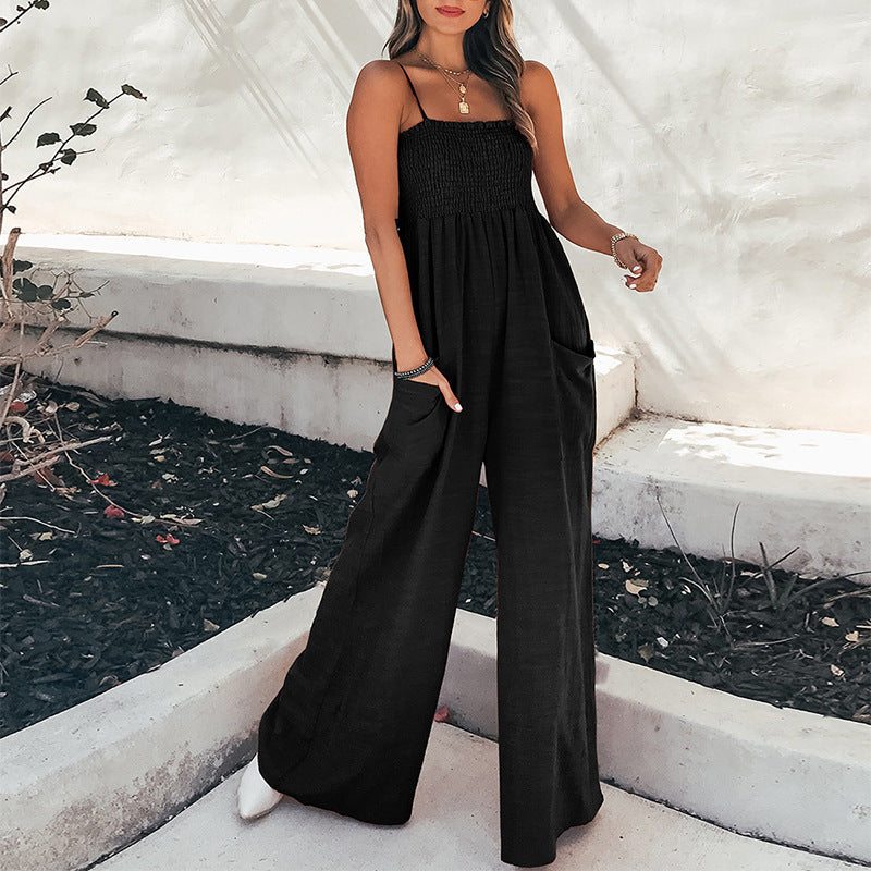Women’s Jumpsuit – Relaxed Fit – Ruched Bodice – Wide Leg – Spaghetti Straps – Pockets