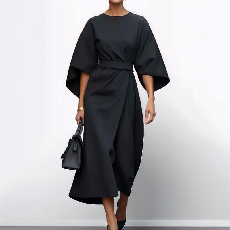 Women’s Long Dress – Satin Feel – Fitted Waist – Batwing Sleeve – Elegant Flow