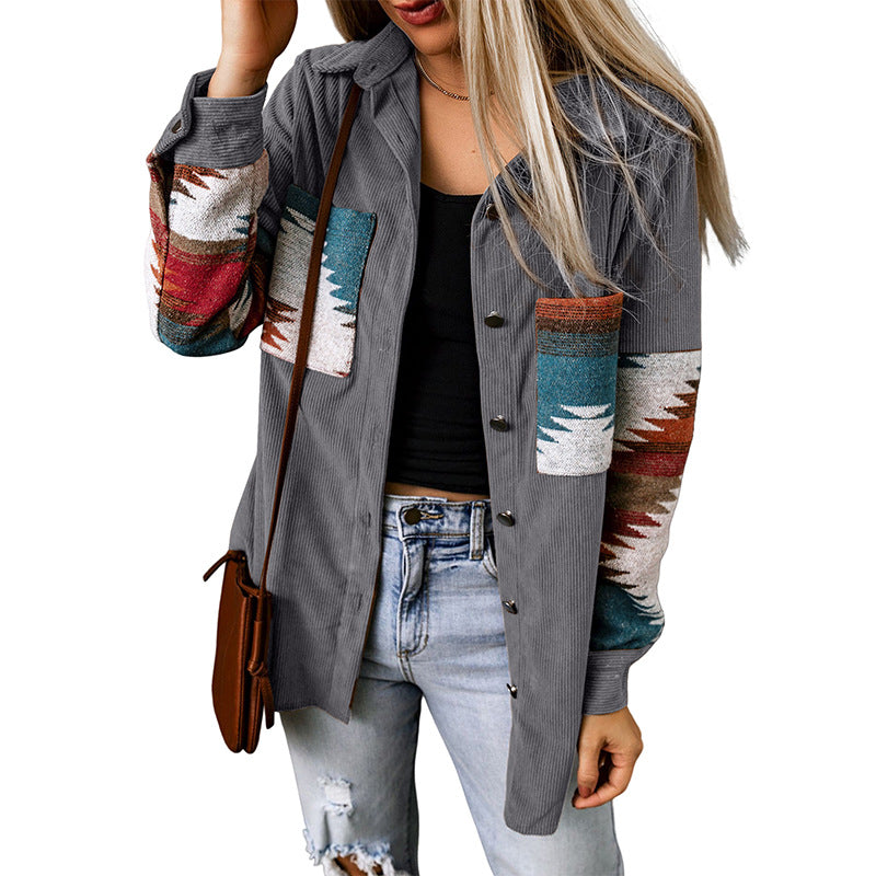 Women’s Cardigan Jacket – Corduroy Texture – Aztec Pattern – Relaxed Fit – Button-Up
