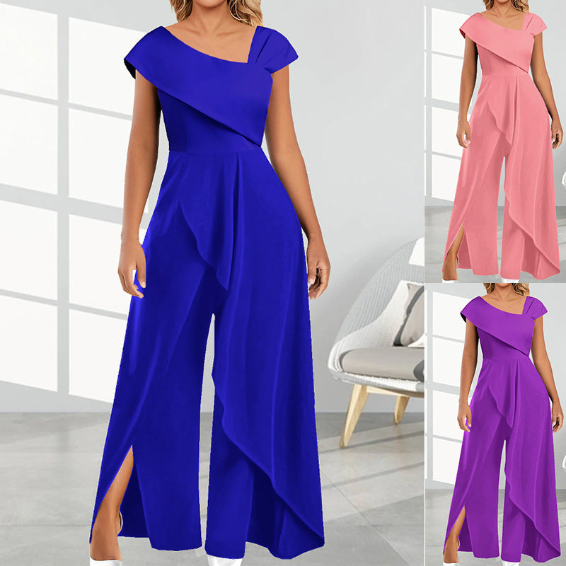 Women's Jumpsuit - One Shoulder Draped Design - Wide Leg with Slit - Elegant Formal Wear