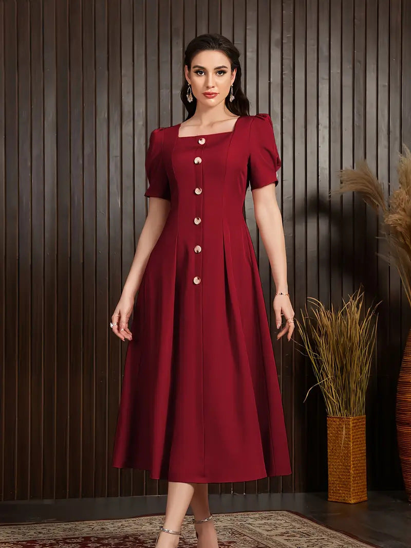 Women’s Knitted Midi Dress – Slim Fit – A-Line – Puff Sleeve – Button Front
