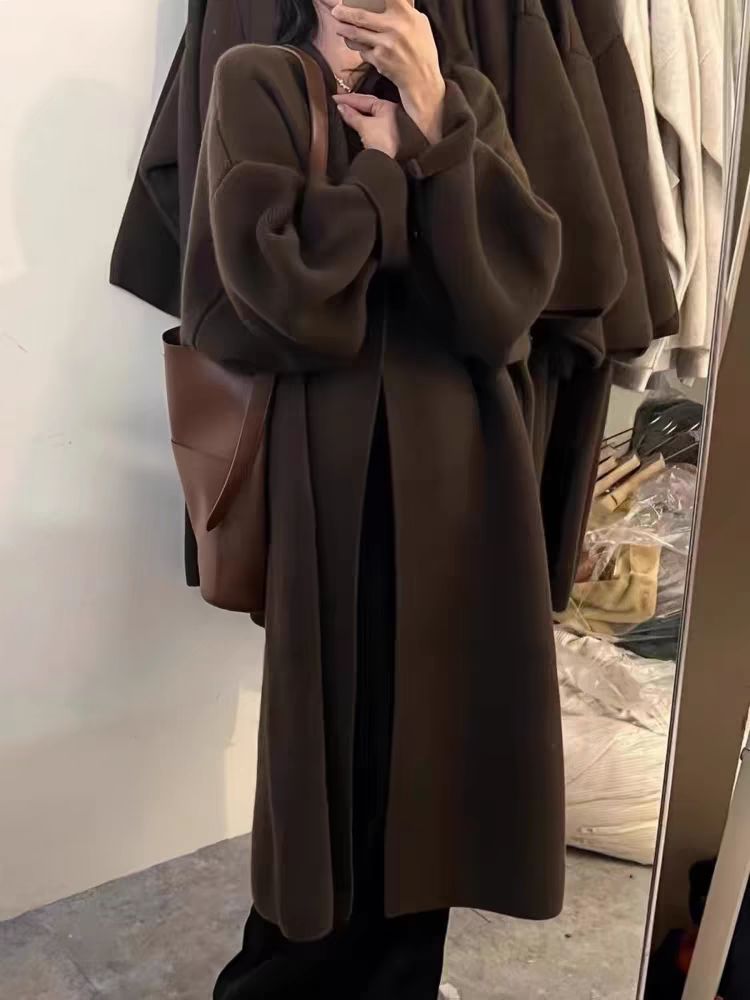 Women’s Cardigan Coat – Oversized Fit – Wool Knit – Full Length – Draped Open Front