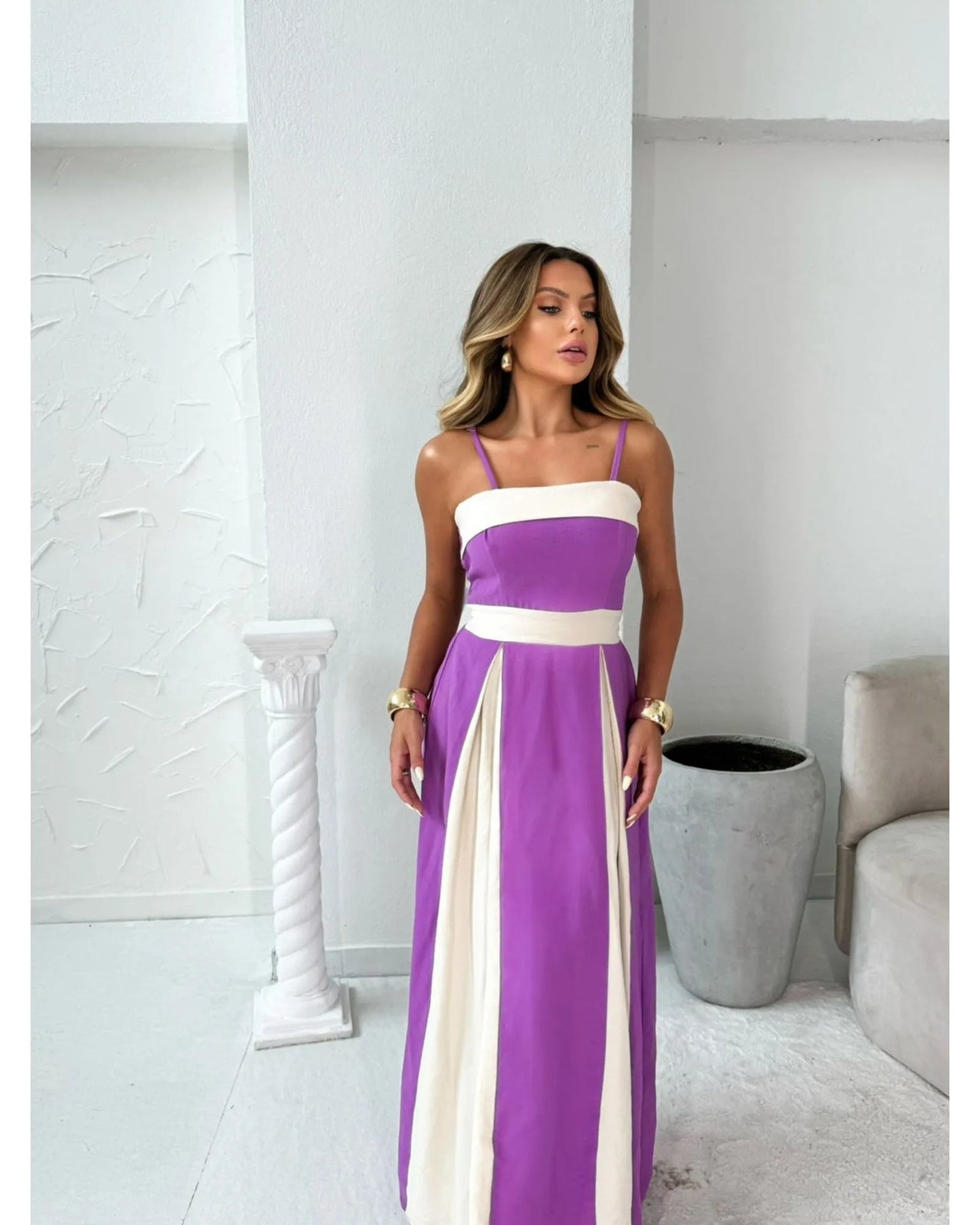 Women’s Maxi Dress – Satin Finish – A-Line Silhouette – Color Block – Formal Fit