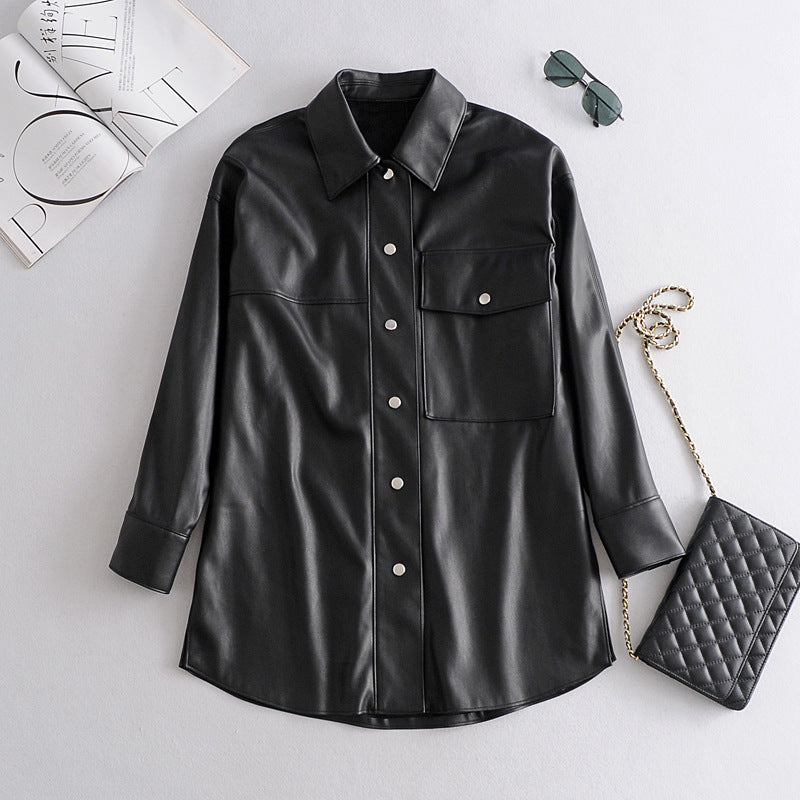 Women’s Shirt Jacket – Faux Leather – Loose Fit – Snap Buttons – Chest Pockets – Mid-Length