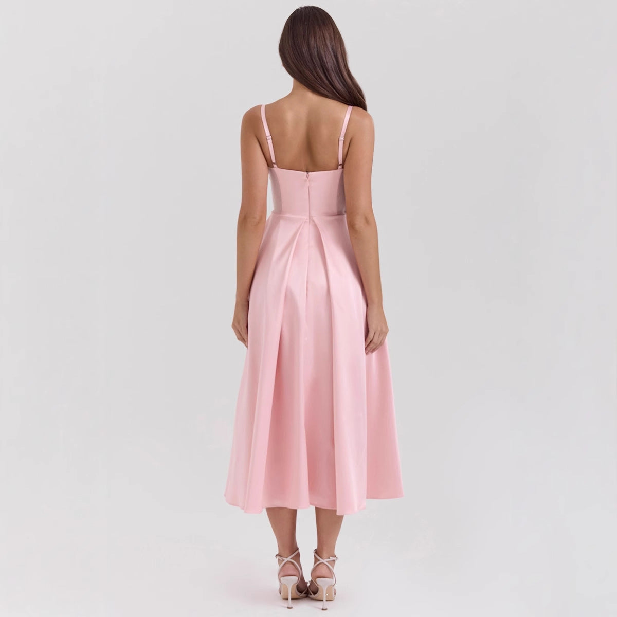 Women’s Satin Dress – V-Neck – Spaghetti Straps – Fitted Bodice – A-Line Midi Length