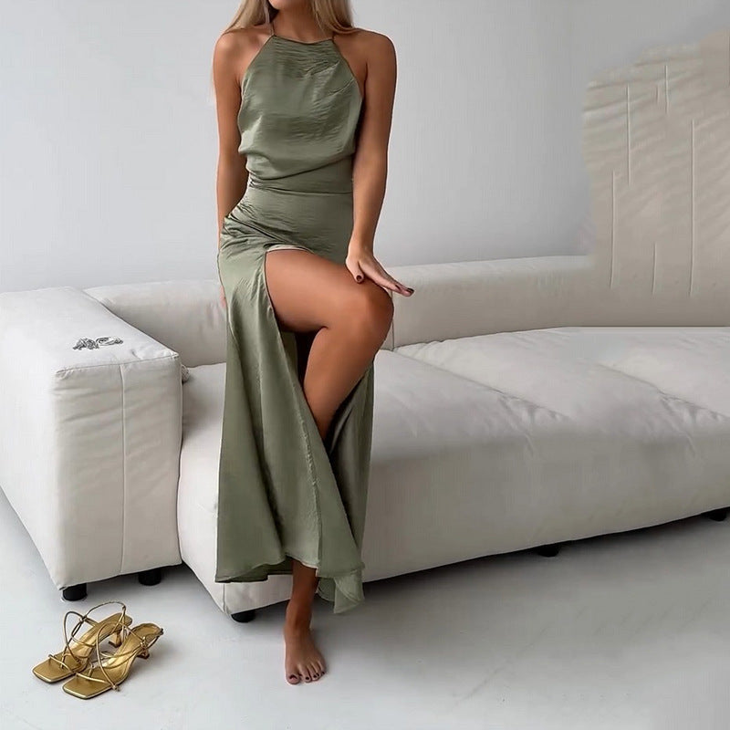 Women’s Maxi Dress – Slim Fit – Halter Neck – Open Back – Silky Fabric – Side Slit