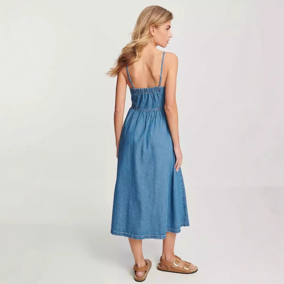 Women’s Denim Midi Dress – A-Line Fit – Spaghetti Straps – Button Front – Elastic Back