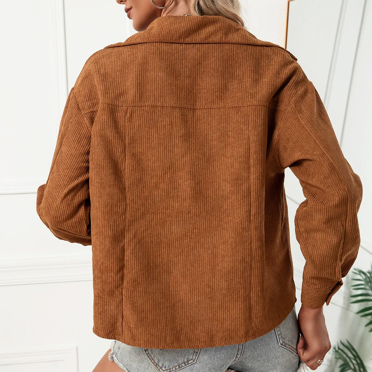 Women’s Shirt Jacket – Corduroy – Relaxed Fit – Snap Front – Lapel Collar – Chest Pockets