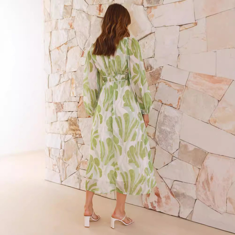 Women’s Chiffon Maxi Dress – Floral Print – V-Neck – Long Sleeve – Relaxed Fit