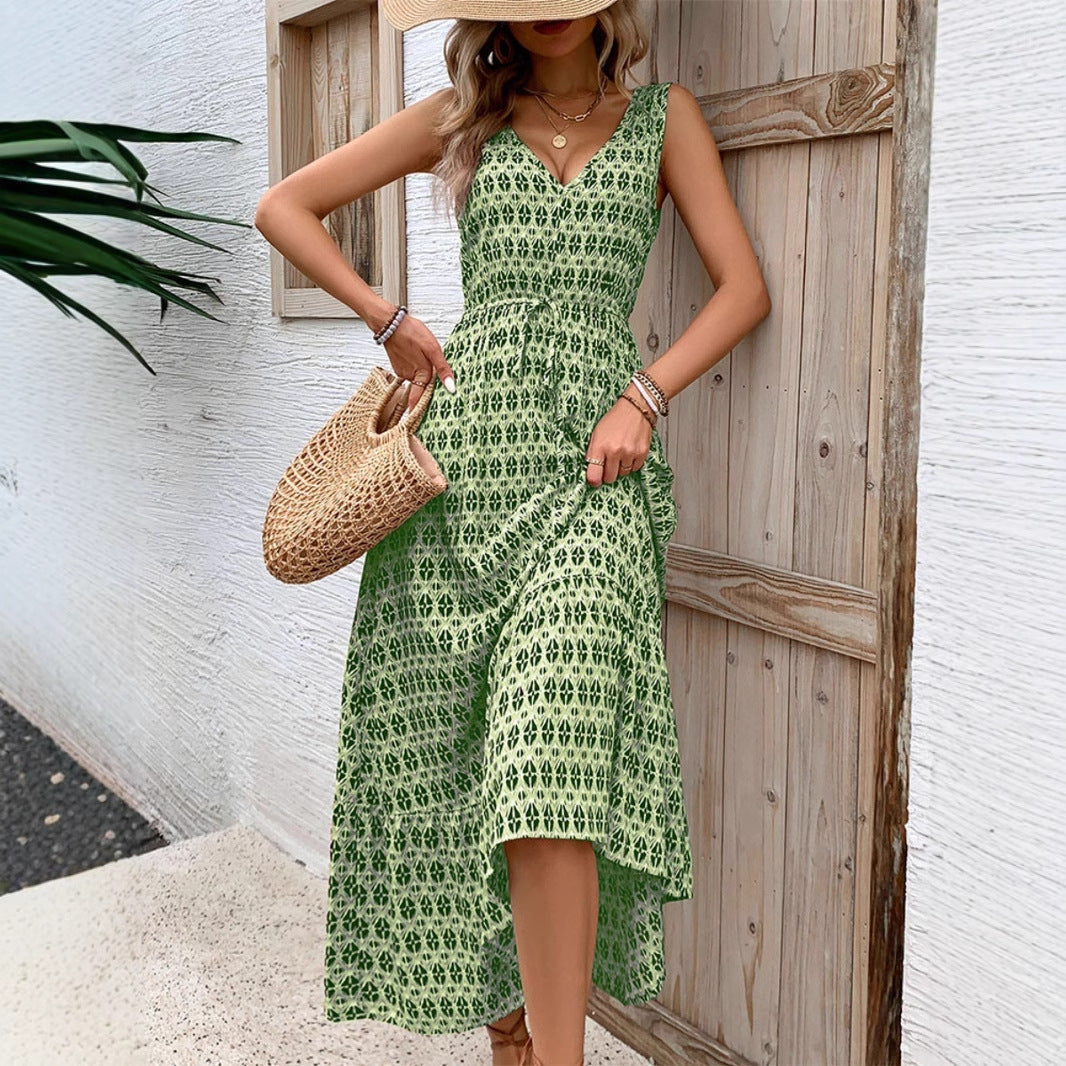 Women’s Midi Dress – Sleeveless V-Neck – Bohemian Print – Waist Tie Flowy Fit