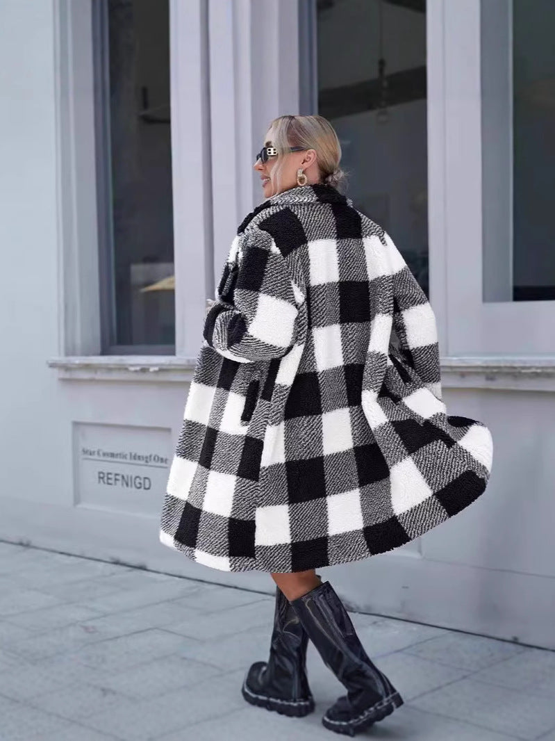 Women’s Long Jacket Coat – Oversized Fit – Sherpa Texture – Plaid – Lapel Collar