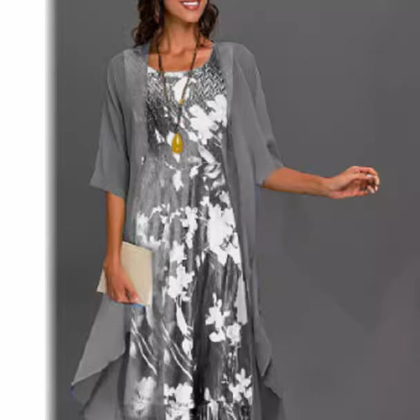 Women’s Midi Dress Set – Relaxed Fit – Sheer Overlay – Floral Print – Asymmetrical Hem