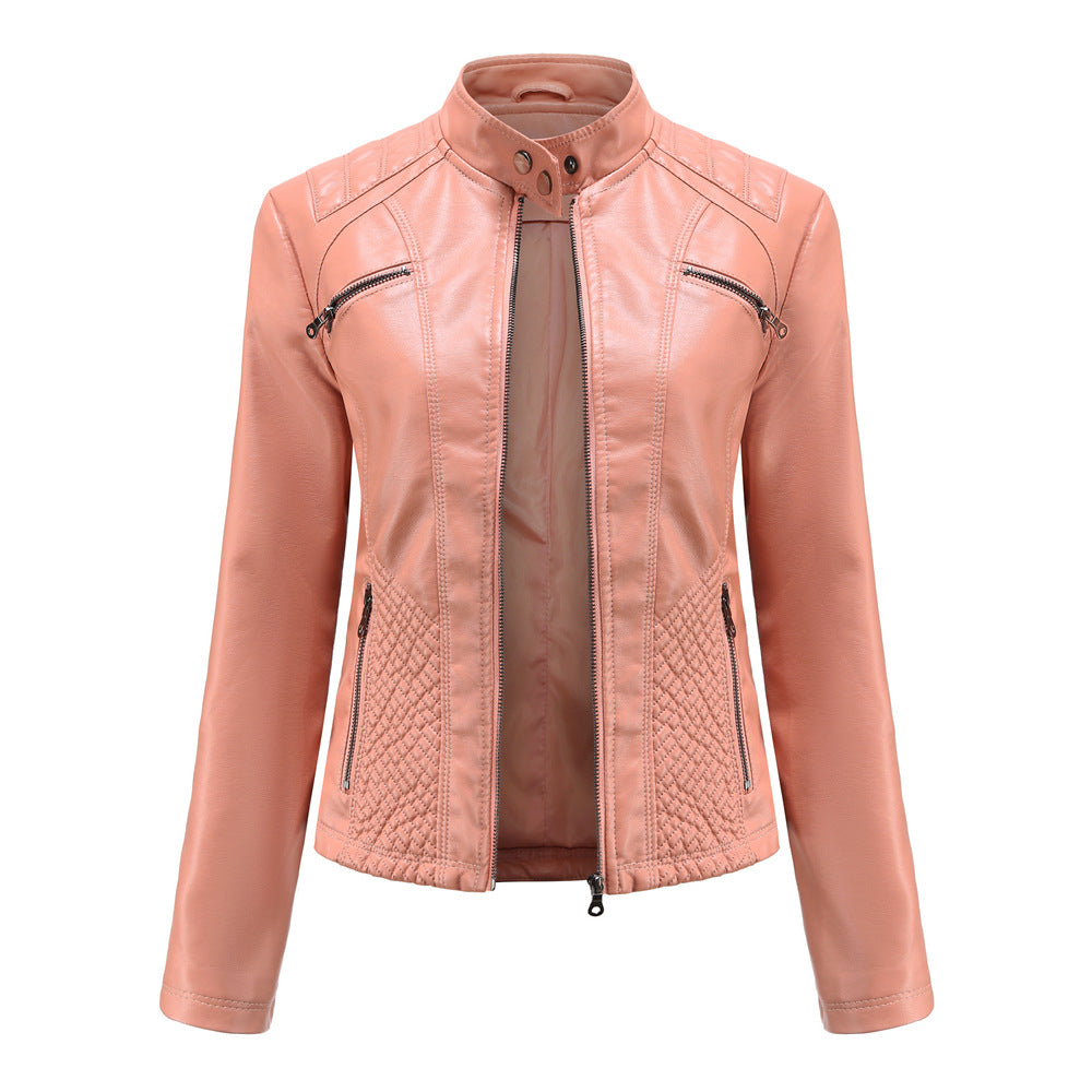 Women's casual faux leather stand-up collar jacket