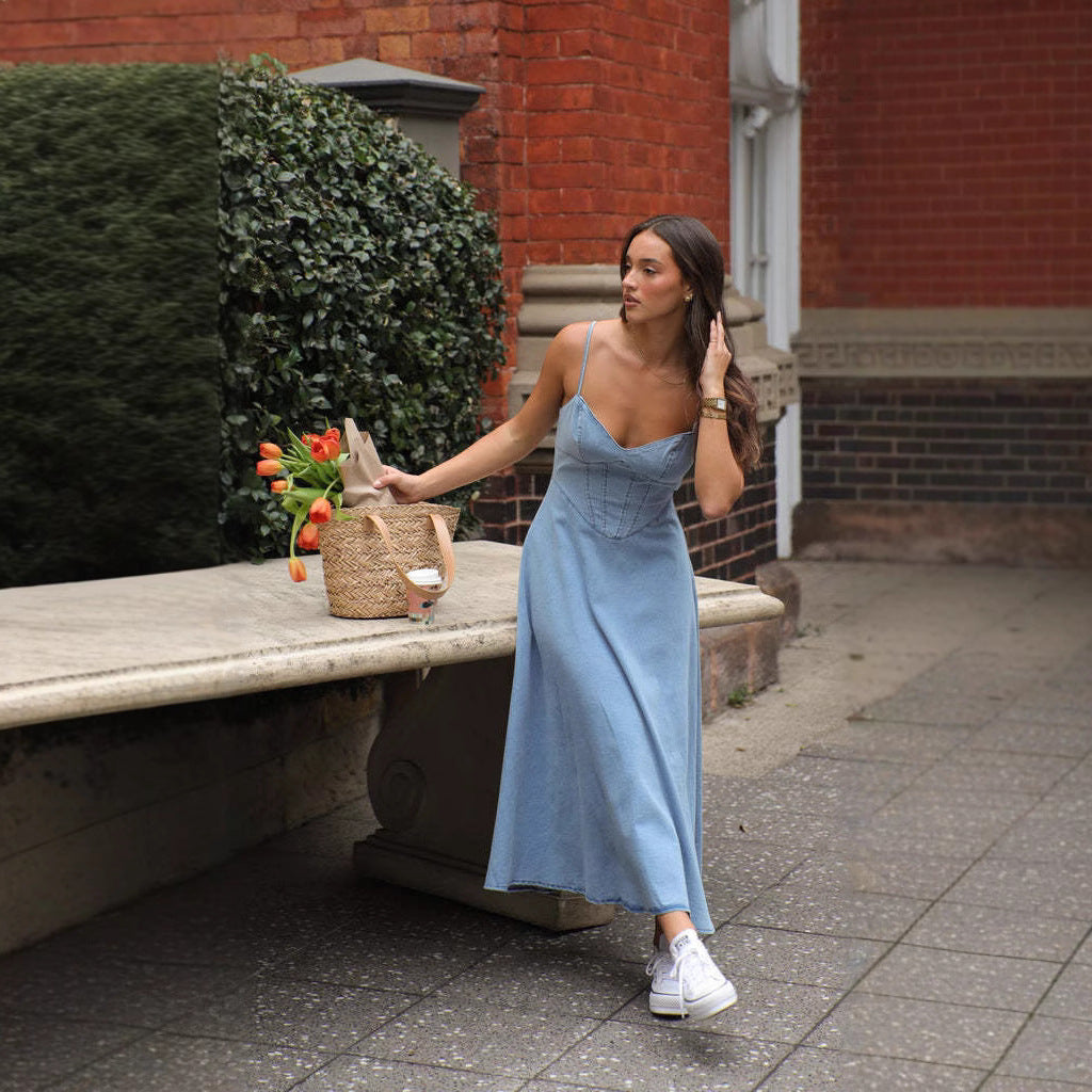 Women’s Midi Dress – Slim Fit – Sweetheart Neckline – Spaghetti Straps – Denim Look
