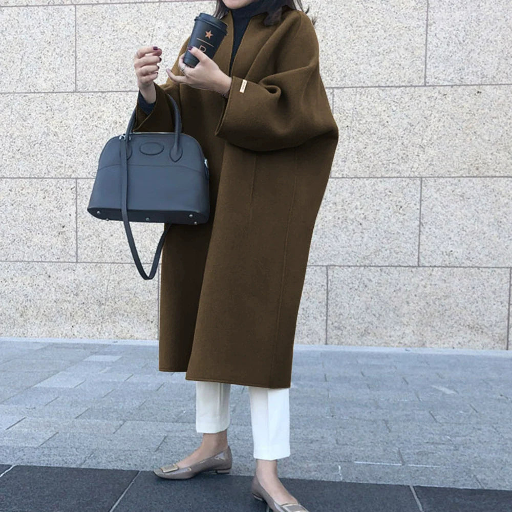 Women’s Long Coat – Wool Blend – Oversized Relaxed Fit – Open Front – Mid-Calf Length