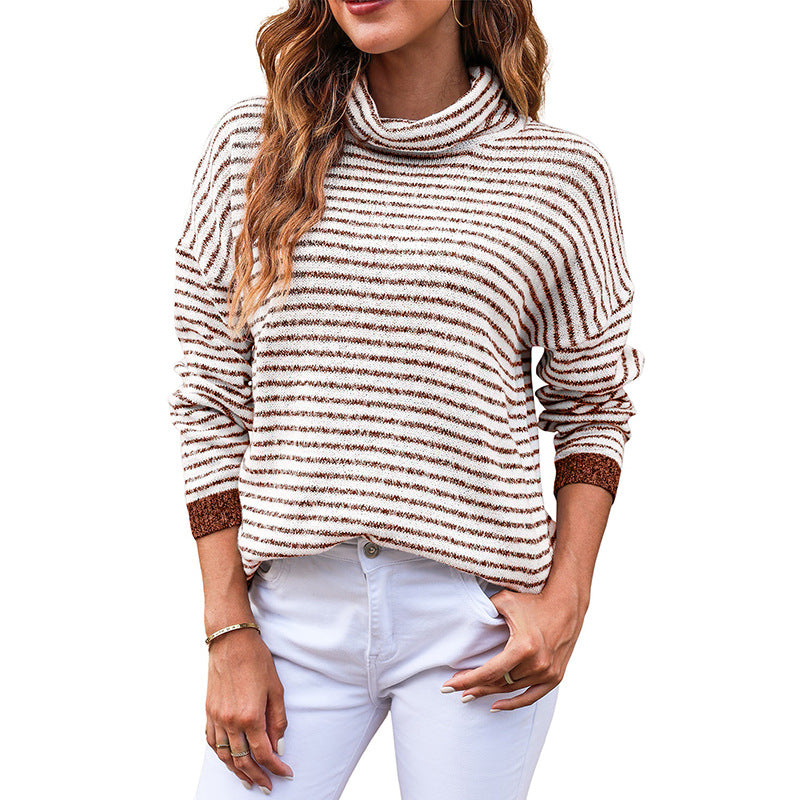 Women’s Turtleneck Knit Sweater – Relaxed Fit – Wool Blend – Striped – Ribbed Trim