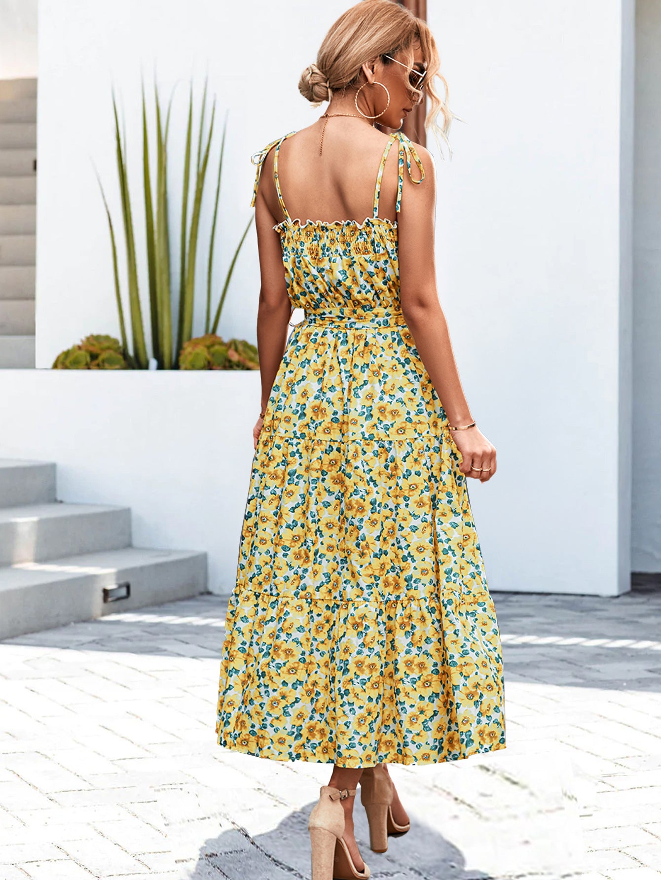 Women's Sundress - Smocked Bodice - Adjustable Straps - Floral Print - Midi Length
