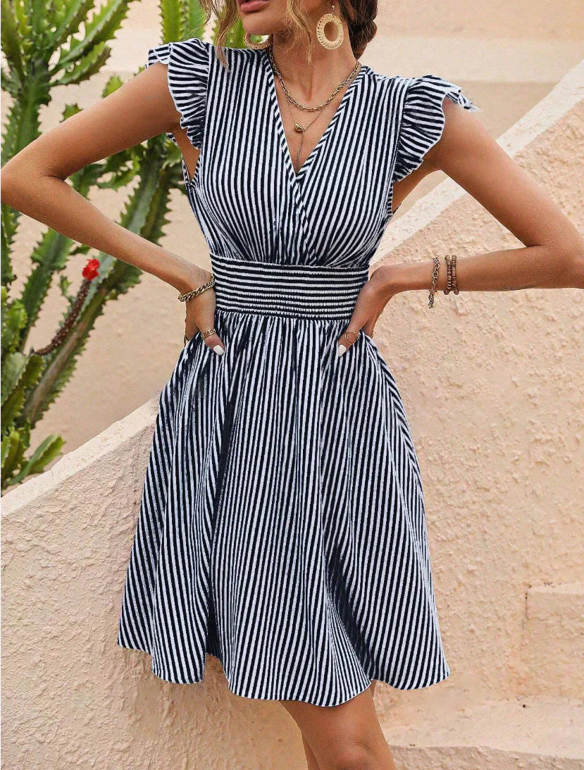 Women's Striped Dress - V-Neck Flutter Sleeve - Cinched Waist A-Line Fit