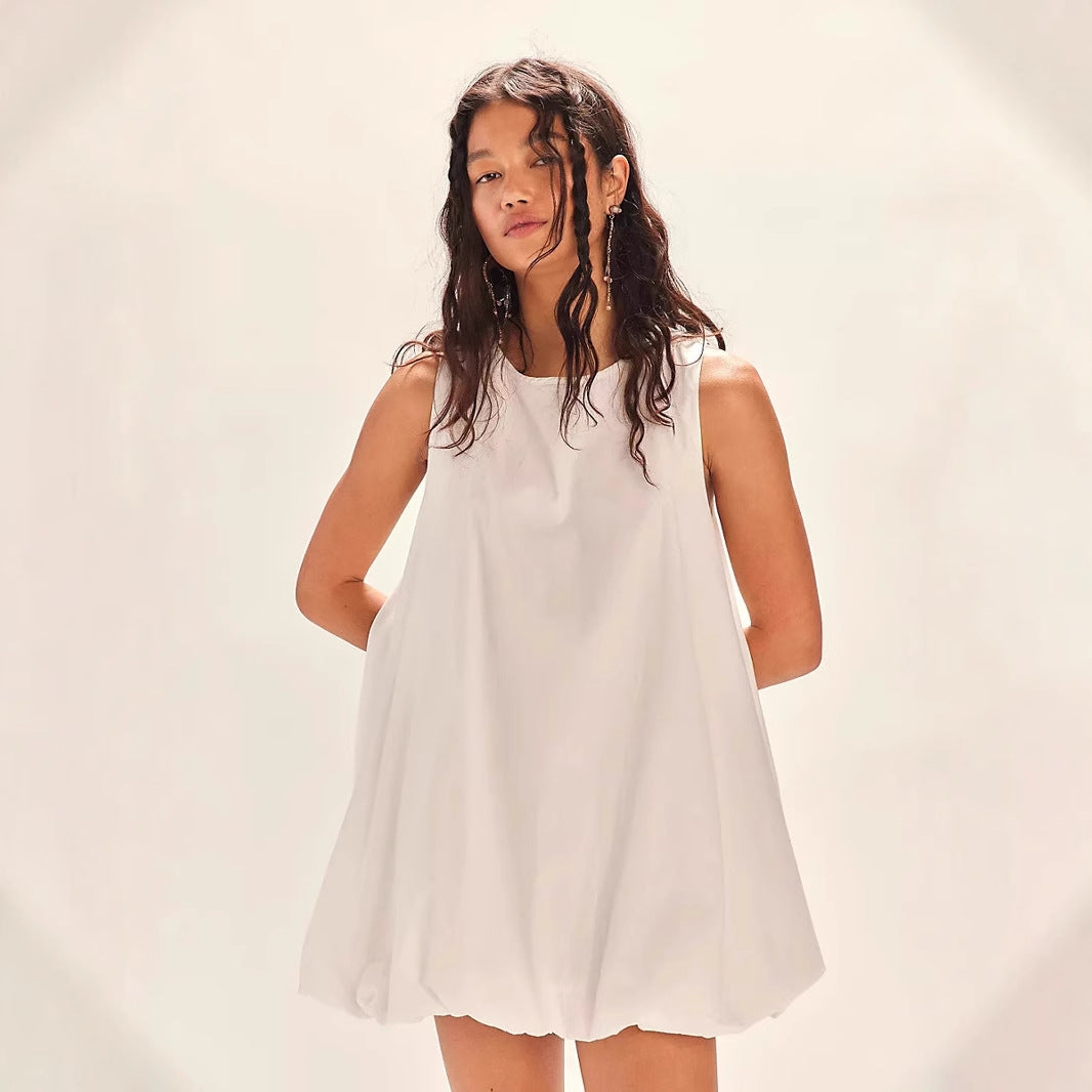 Women’s Mini Dress – 100% Cotton – Sleeveless Loose Fit – Backless Lantern Hem