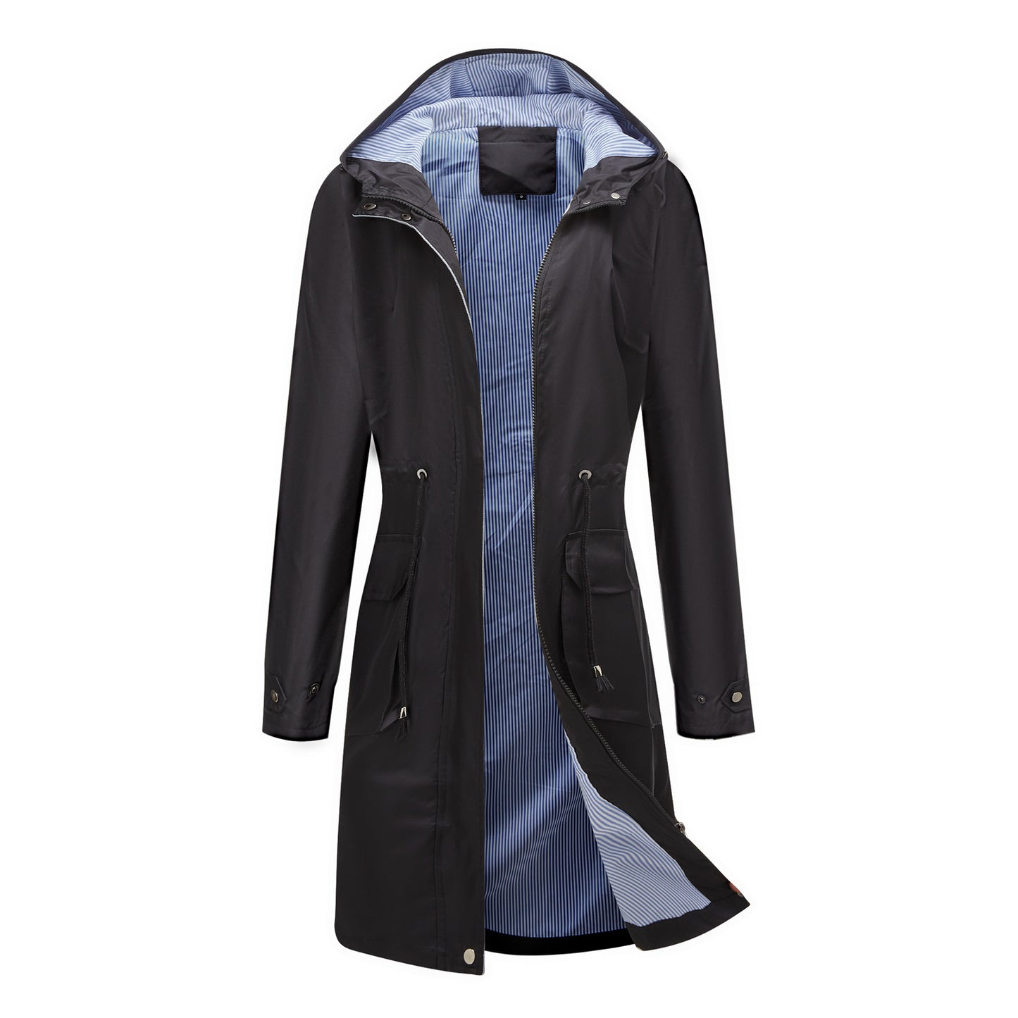 Women's waterproof hooded trench coat with striped lining