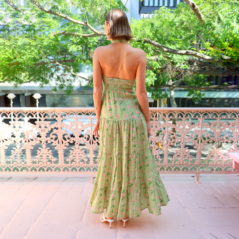 Women’s Halter Maxi Dress – Smocked Bodice – A-Line Fit – Tiered Skirt – Cotton